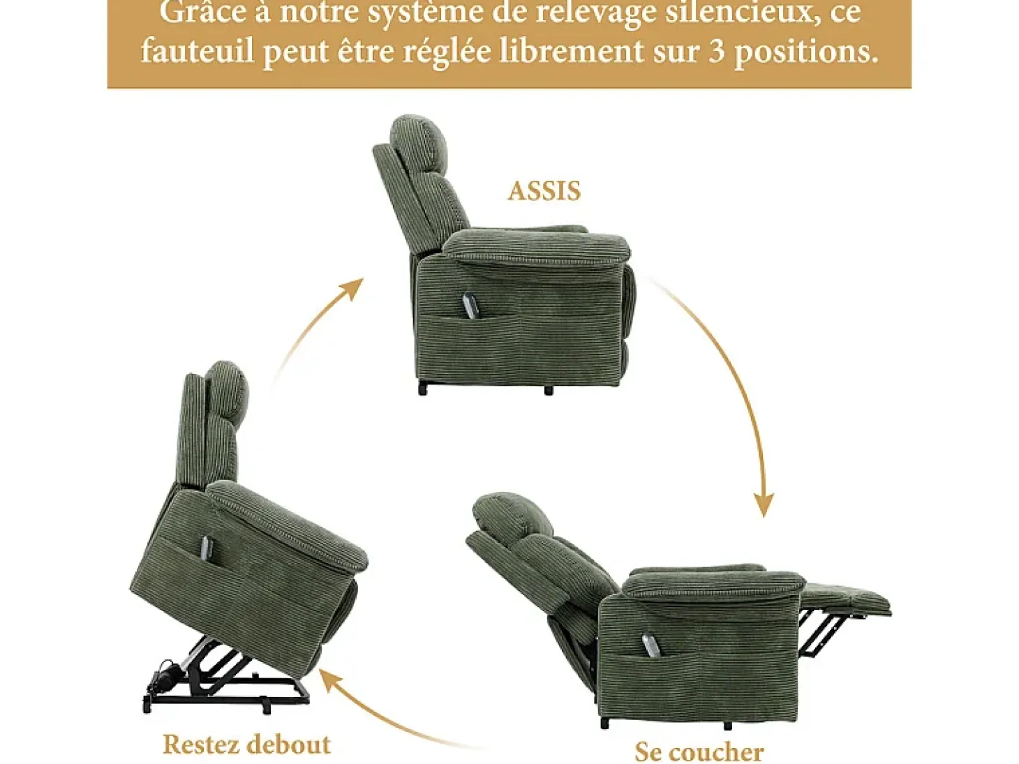 Cadeira relax de veludo cotelê com elevador elétrico, controle remoto, bolso lateral, regulável 90°-160°, Verde