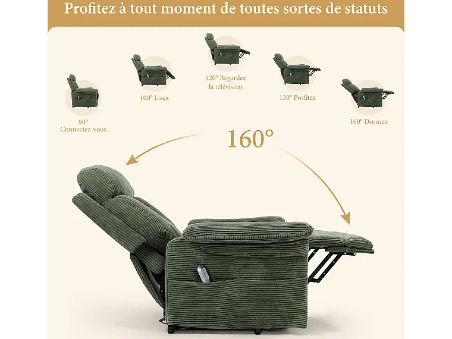 Cadeira relax de veludo cotelê com elevador elétrico, controle remoto, bolso lateral, regulável 90°-160°, Verde
