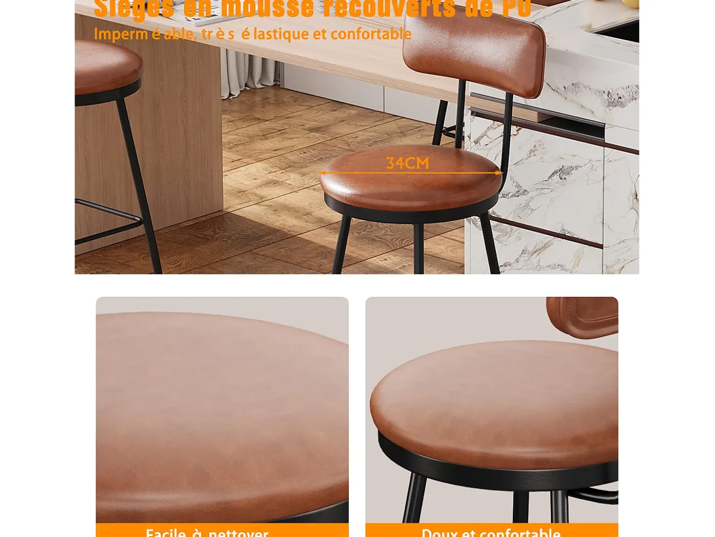 cadeiras de bar modernas com encosto, couro sintético marrom, estrutura de metal, assento com 65 cm de altura