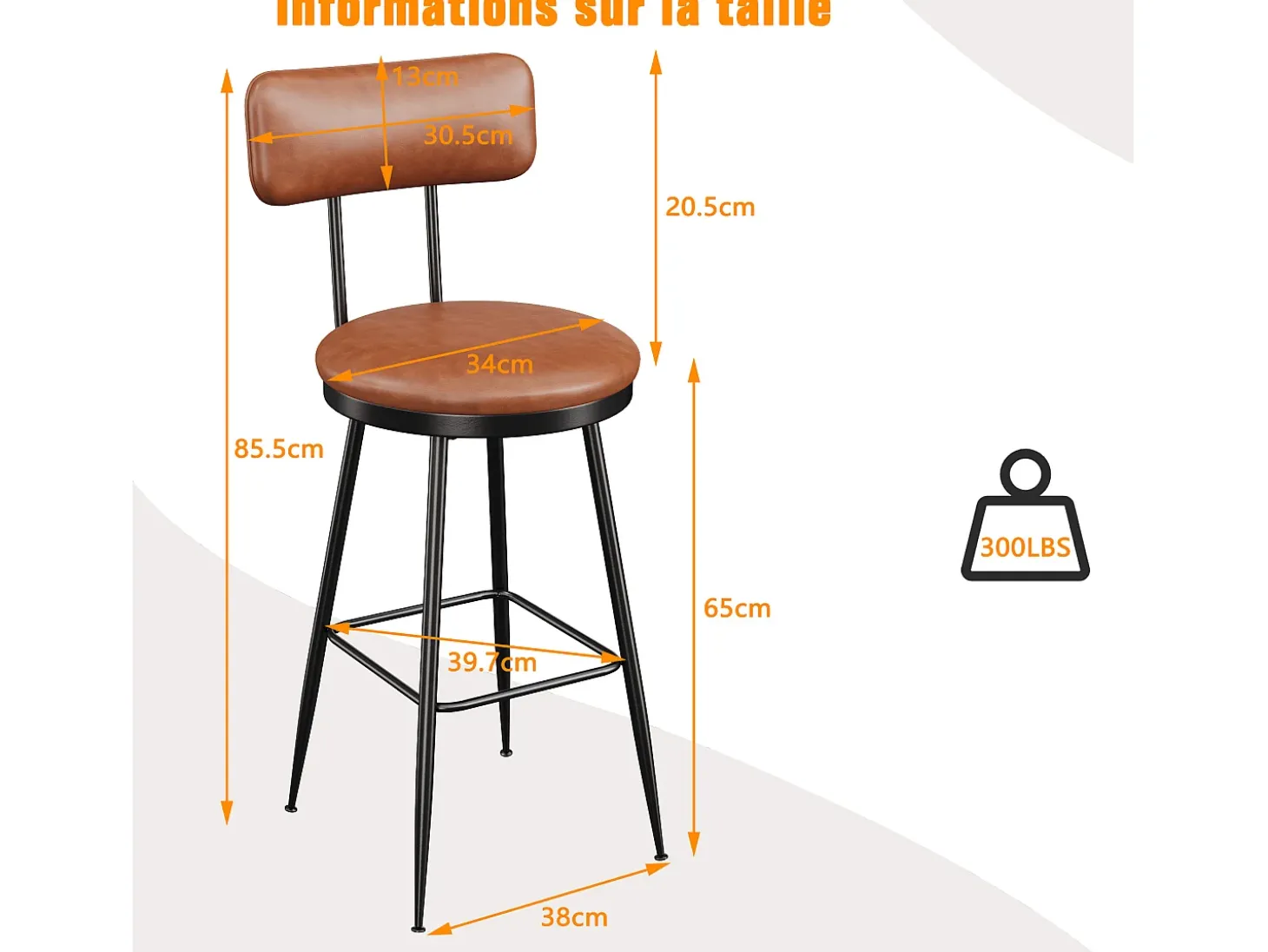 cadeiras de bar modernas com encosto, couro sintético marrom, estrutura de metal, assento com 65 cm de altura