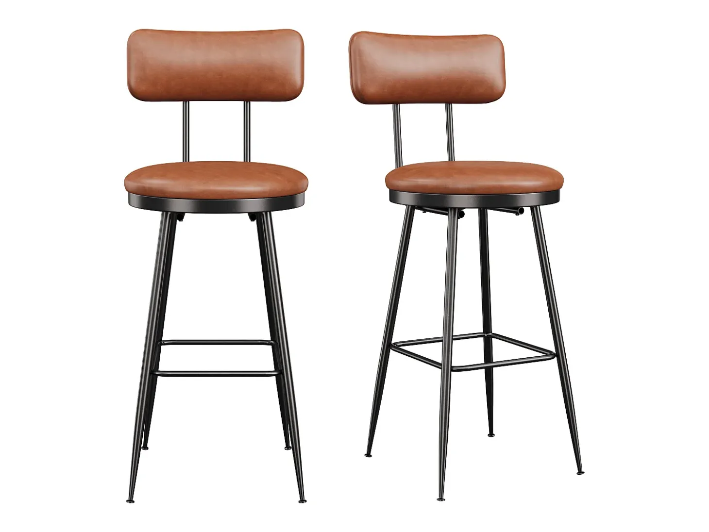 cadeiras de bar modernas com encosto, couro sintético marrom, estrutura de metal, assento com 65 cm de altura