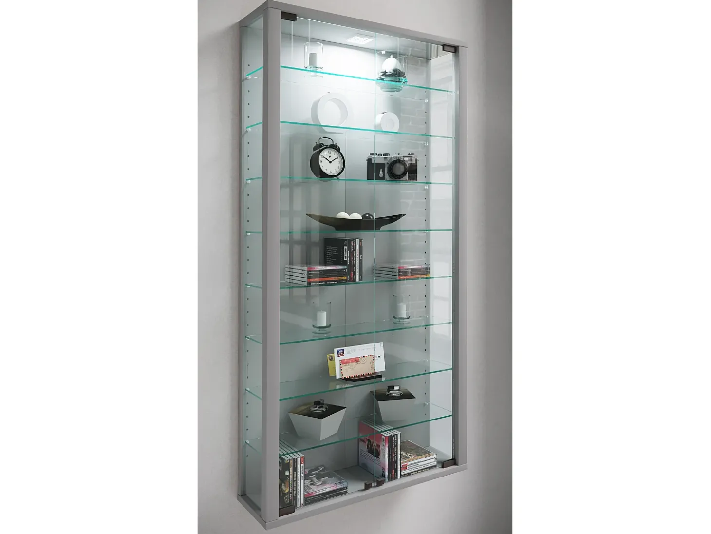 Caixa de exposição de vidro VCM pendurada | Vitrine de vidro com vidro de segurança ESG | Dimensões: A. 114 x L. 59 x P. 18 cm | Vitrosa Maxi (prata)