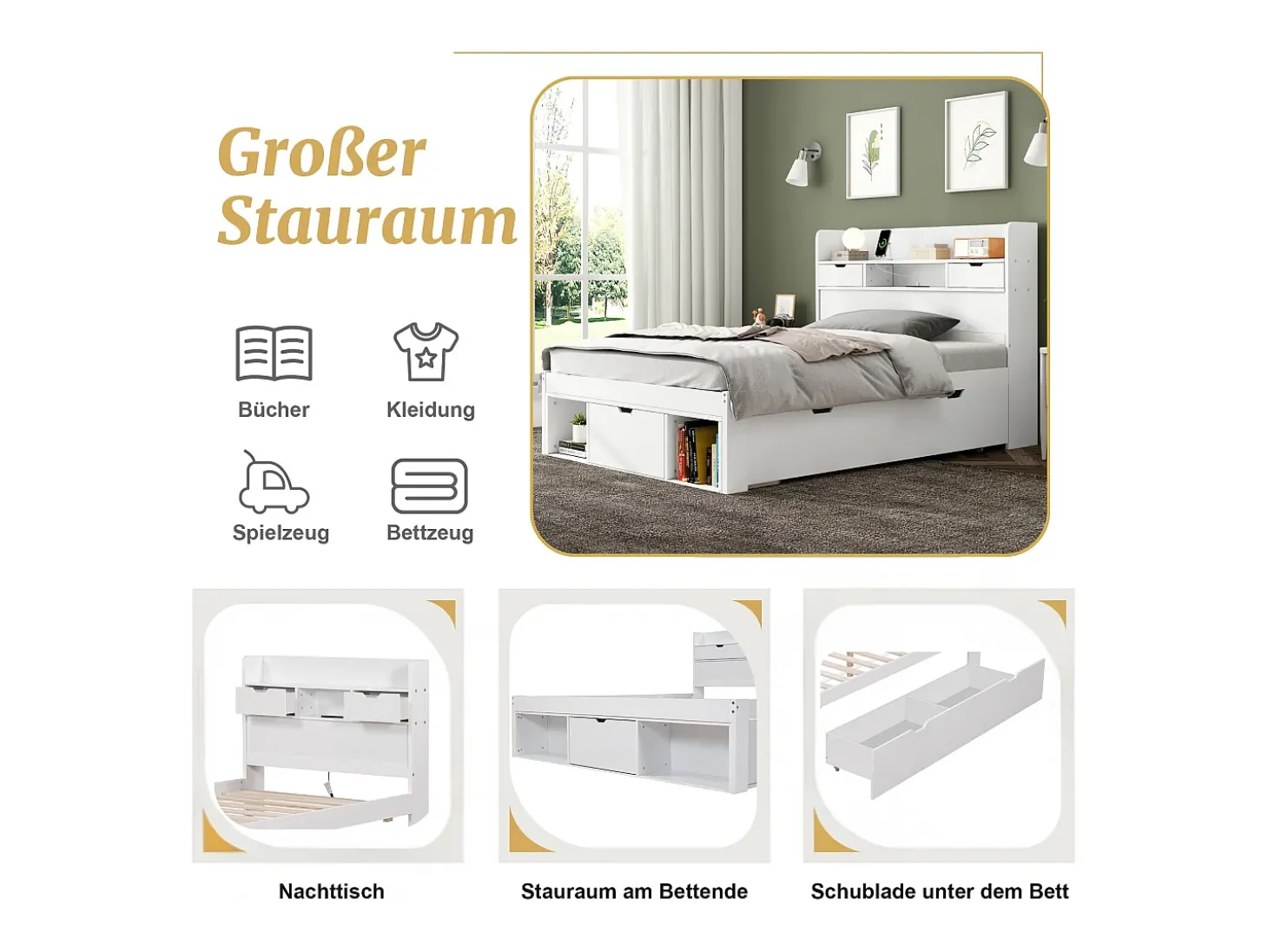 Cama 90 x 200 cm com 5 gavetas, porta USB e compartimentos de armazenamento - madeira de pinho - cor branca