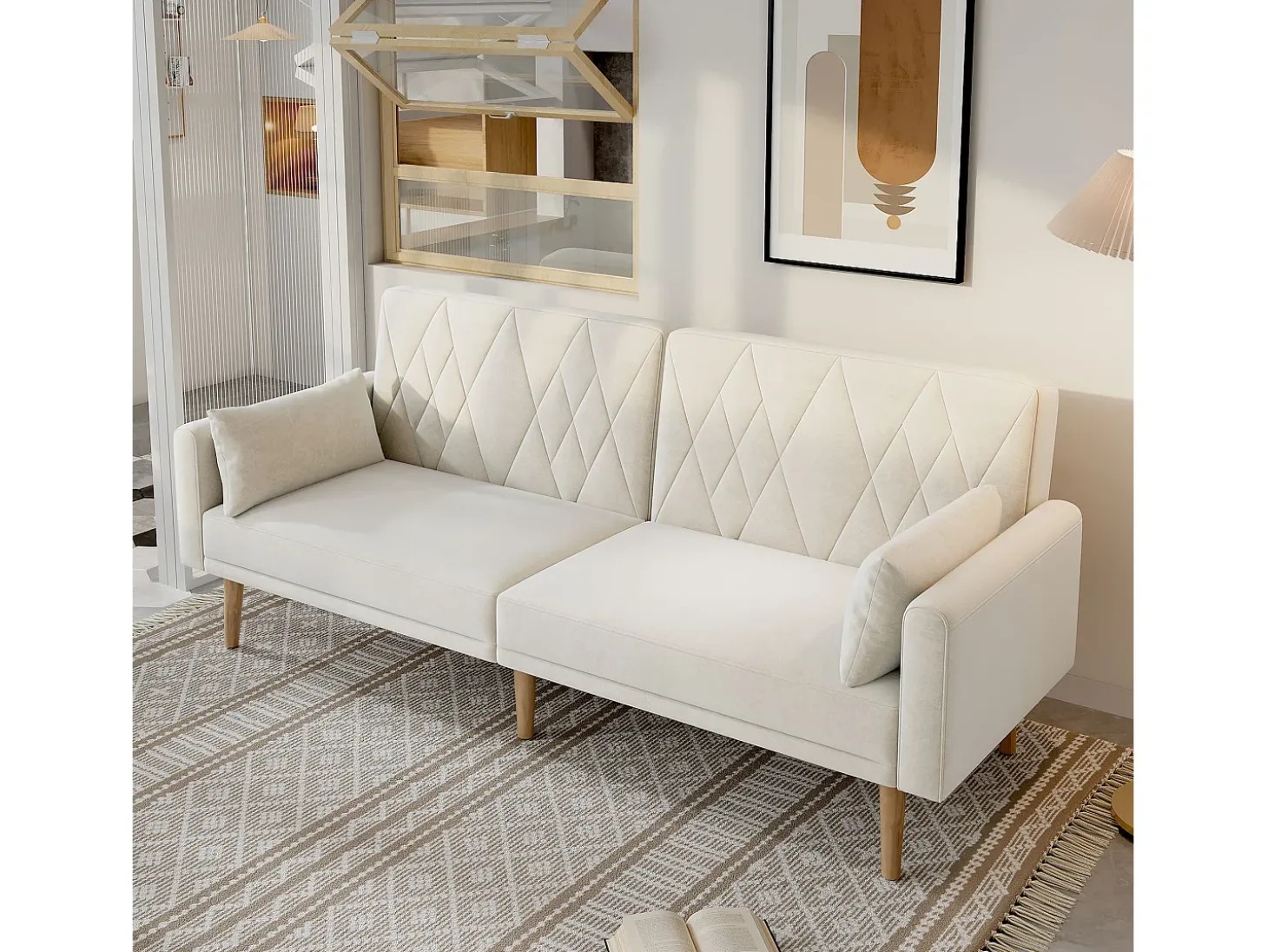 Cama acolchoada para adulto 180 x 1440 cm, sem cabeceira, com faixa LED (monocromática), base com suspensão hidráulica, bege.