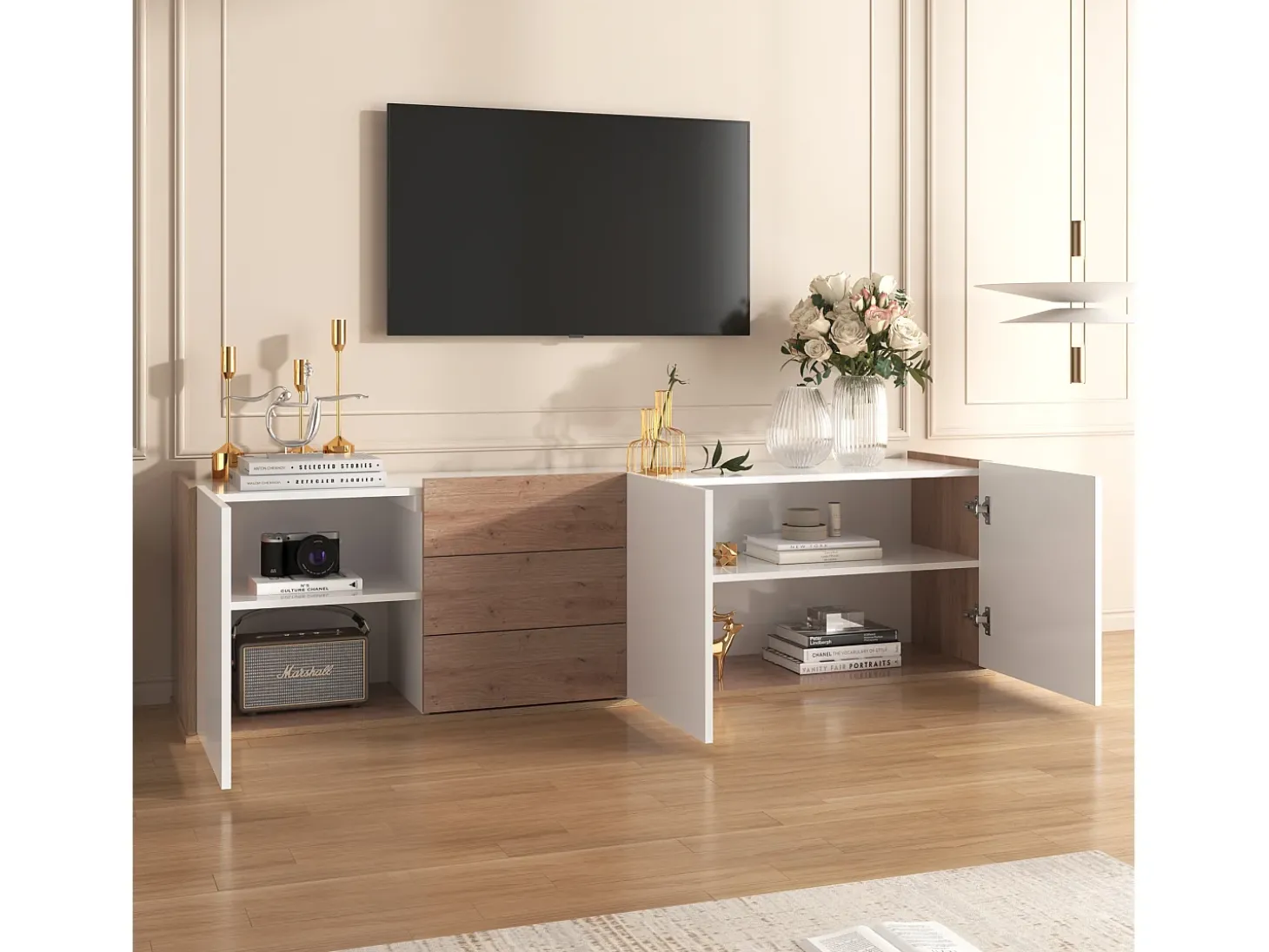 Cama acolchoada para adulto 180 x 353 cm, sem cabeceira, com faixa LED (monocromática), base com suspensão hidráulica, bege.