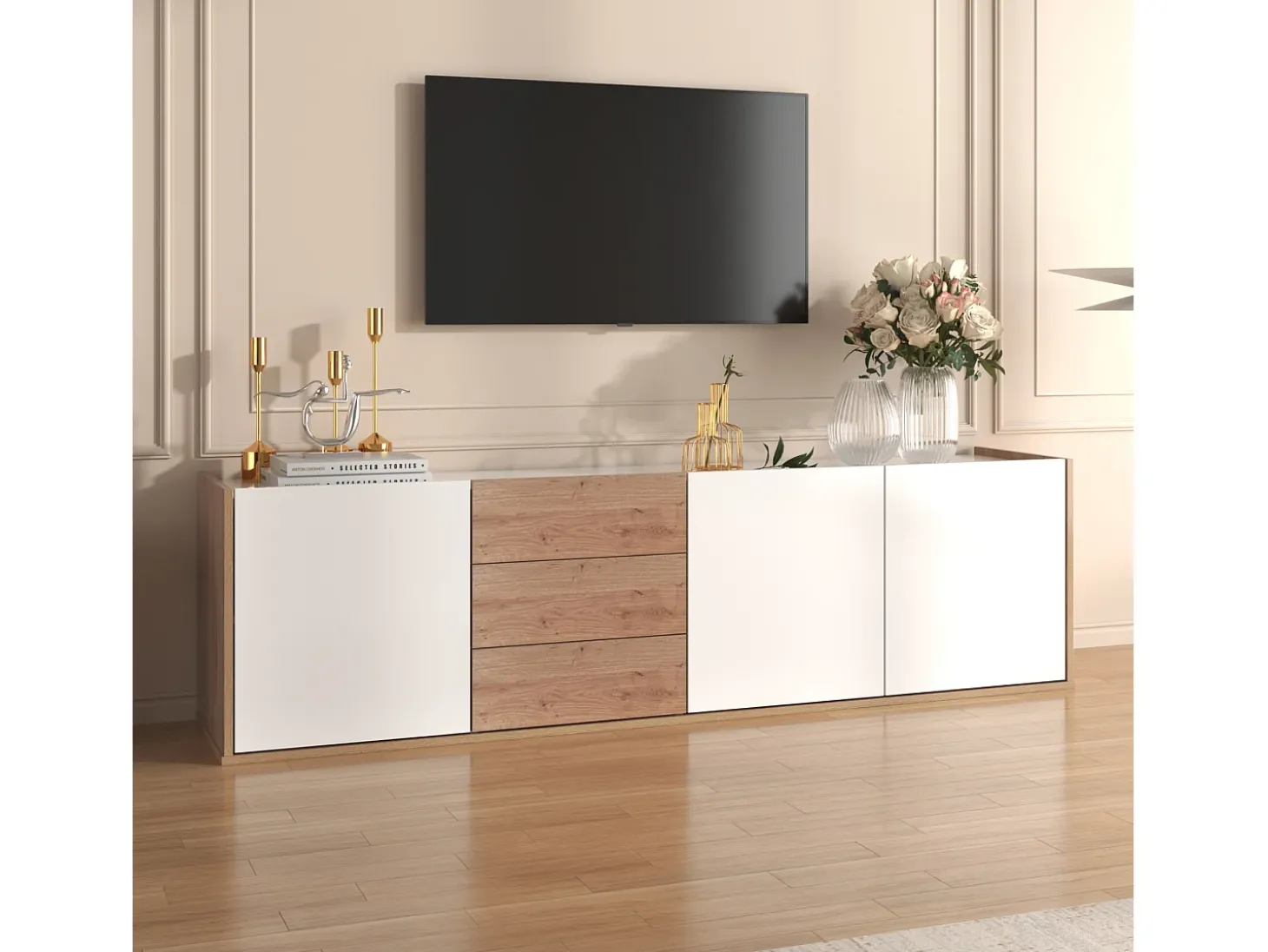 Cama acolchoada para adulto 180 x 353 cm, sem cabeceira, com faixa LED (monocromática), base com suspensão hidráulica, bege.