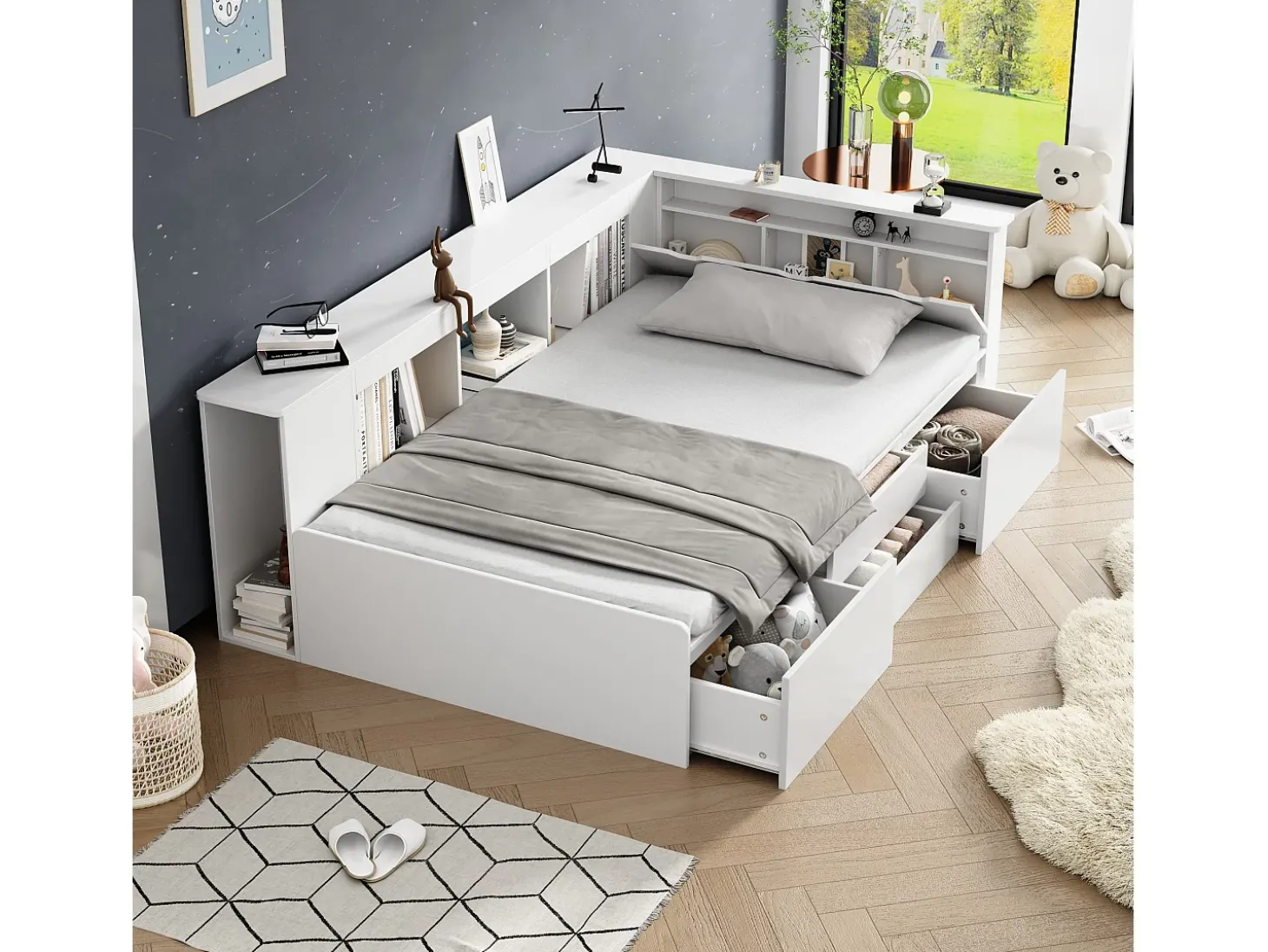 Cama infantil 90 x 200 cm com 4 gavetas, estante e módulo de arrumação - madeira MDF - cor branca