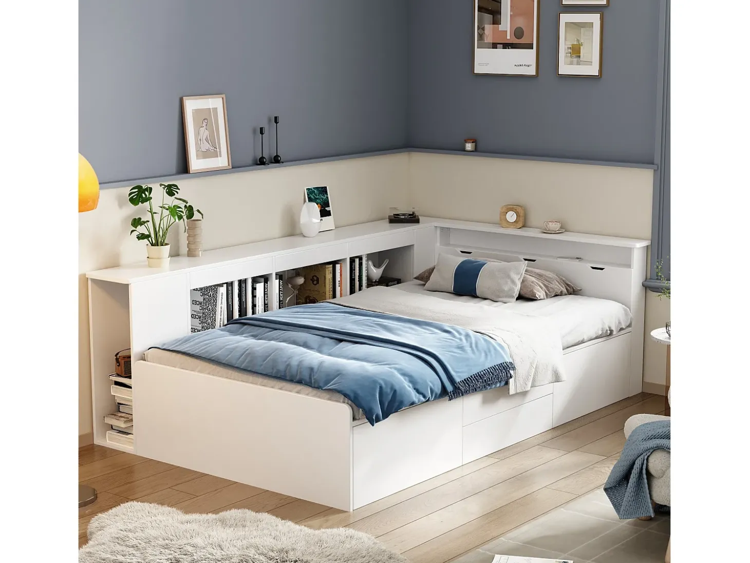 Cama infantil 90 x 200 cm com 4 gavetas, estante e módulo de arrumação - madeira MDF - cor branca