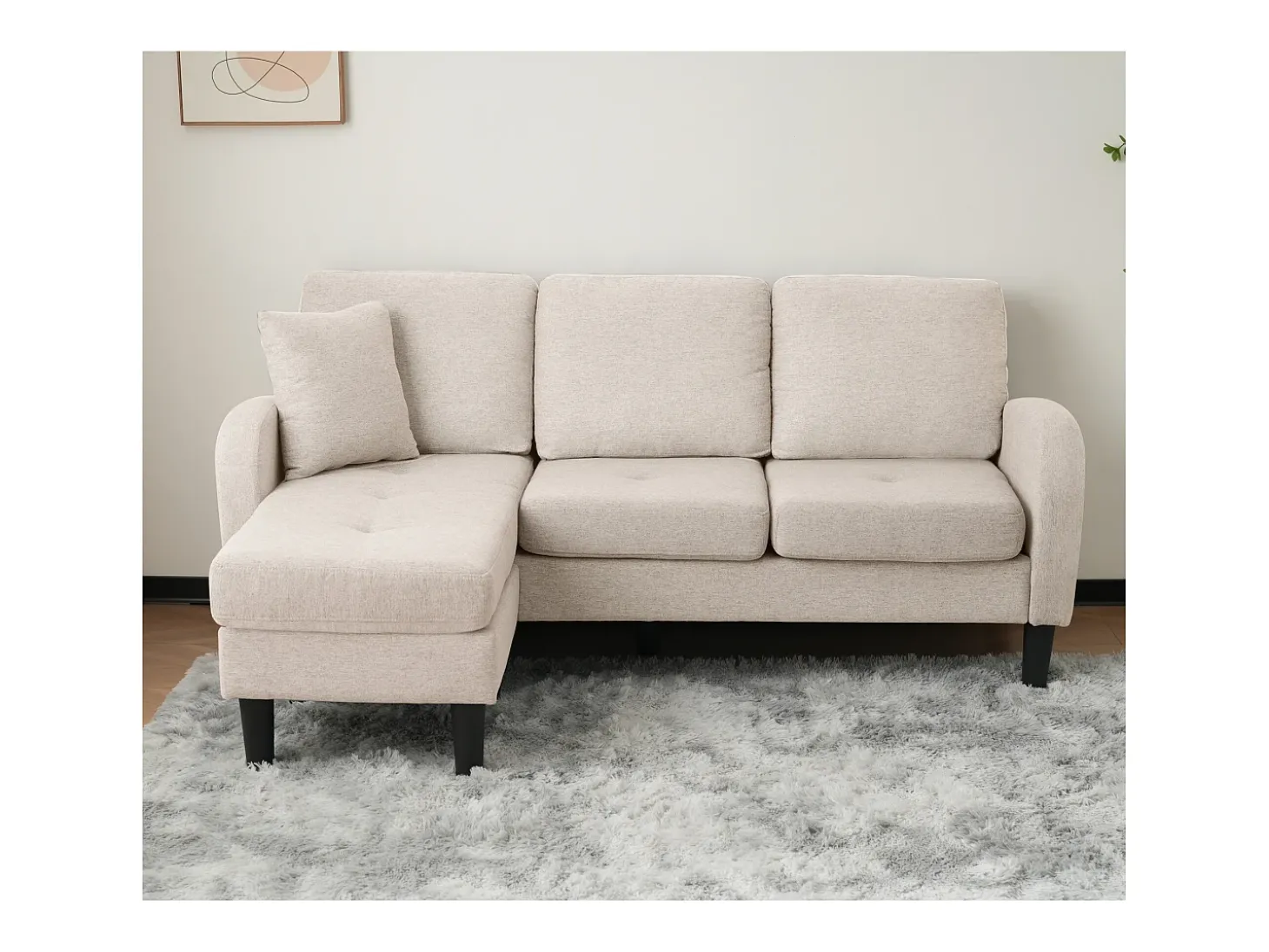 Canapé d'angle avec méridienne - 3 places - tissu en coton et lin - Beige