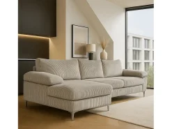 Canapé de canto 4-5 lugares com chaise longue esquerda em veludo cotelê bege GALWAY