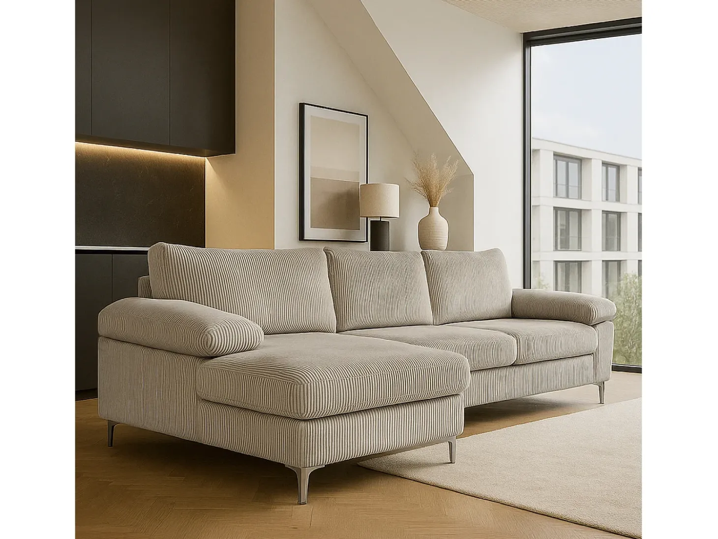 Canapé de canto 4-5 lugares com chaise longue esquerda em veludo cotelê bege GALWAY