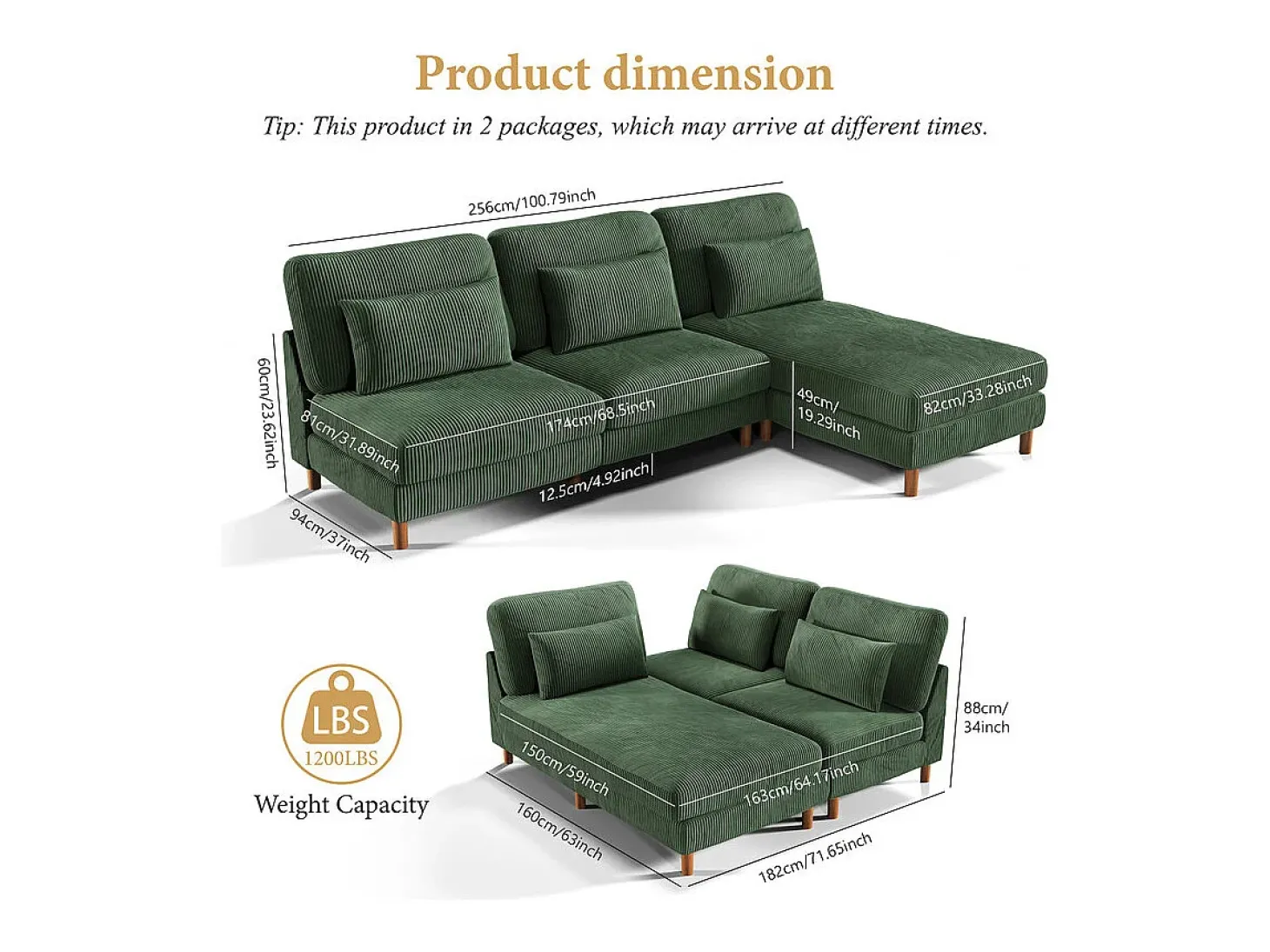 Canapé de canto reversível em veludo cotelê - 2 lugares + méridienne - Verde - 256 x 160 x 88 cm