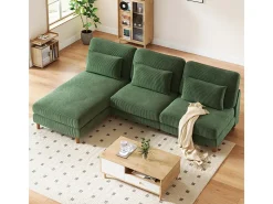 Canapé de canto reversível em veludo cotelê - 2 lugares + méridienne - Verde - 256 x 160 x 88 cm