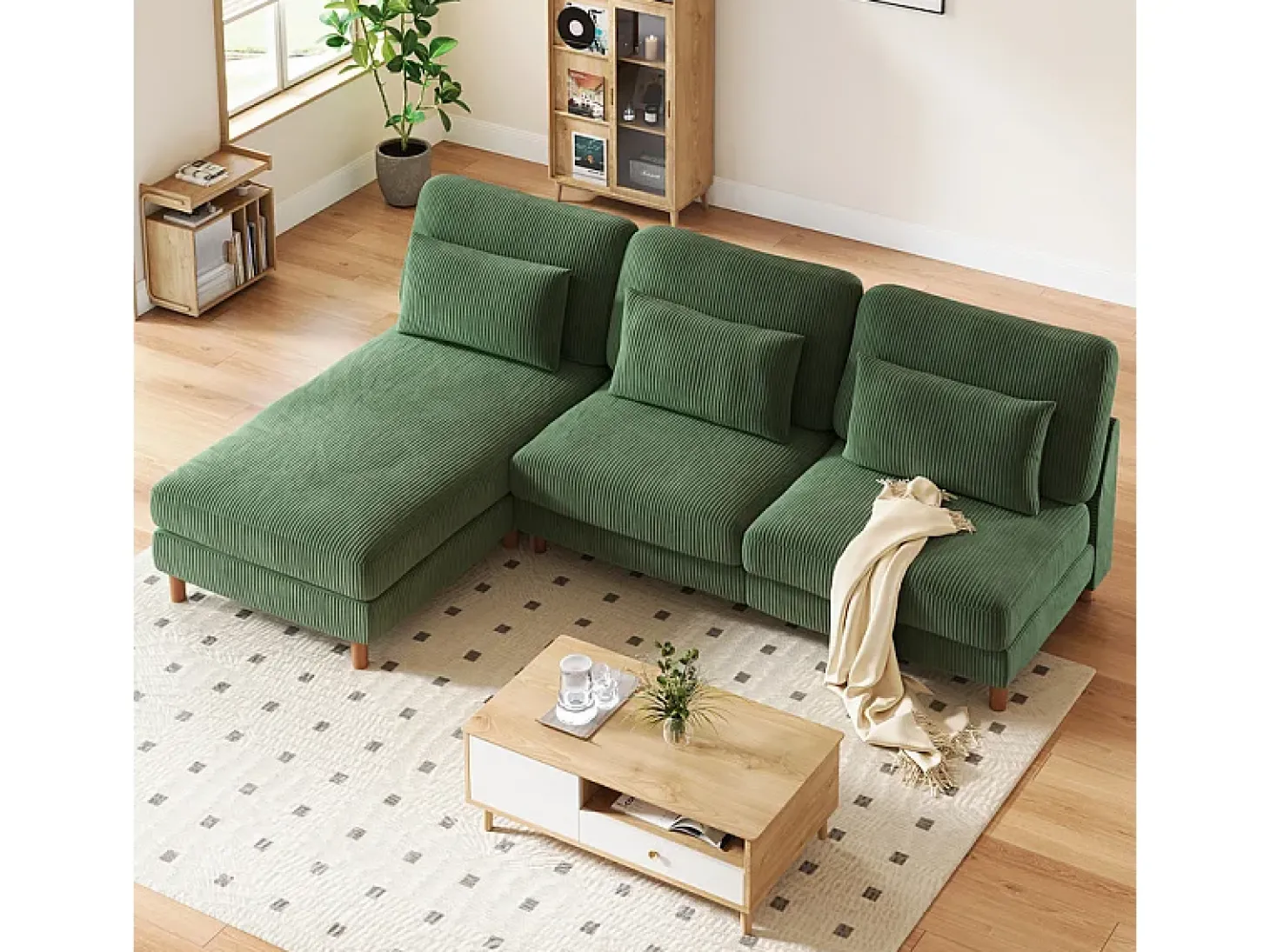 Canapé de canto reversível em veludo cotelê - 2 lugares + méridienne - Verde - 256 x 160 x 88 cm