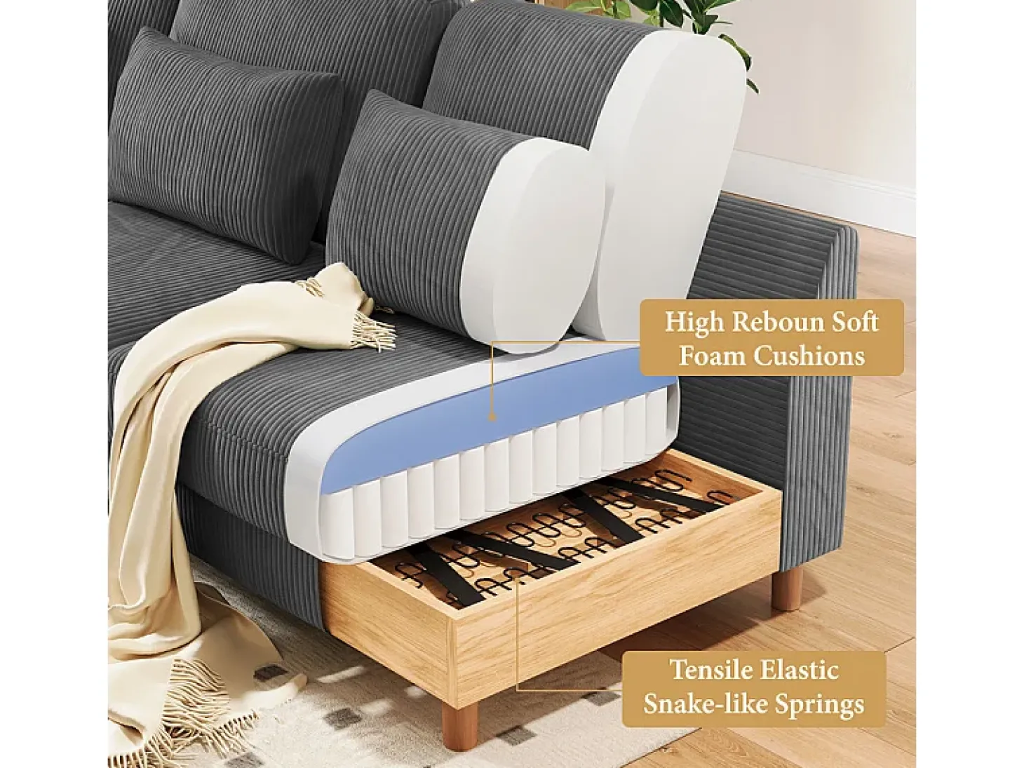 Canapé de canto reversível em veludo cotelê - 2 lugares + méridienne - Cinza - 256 x 160 x 88 cm