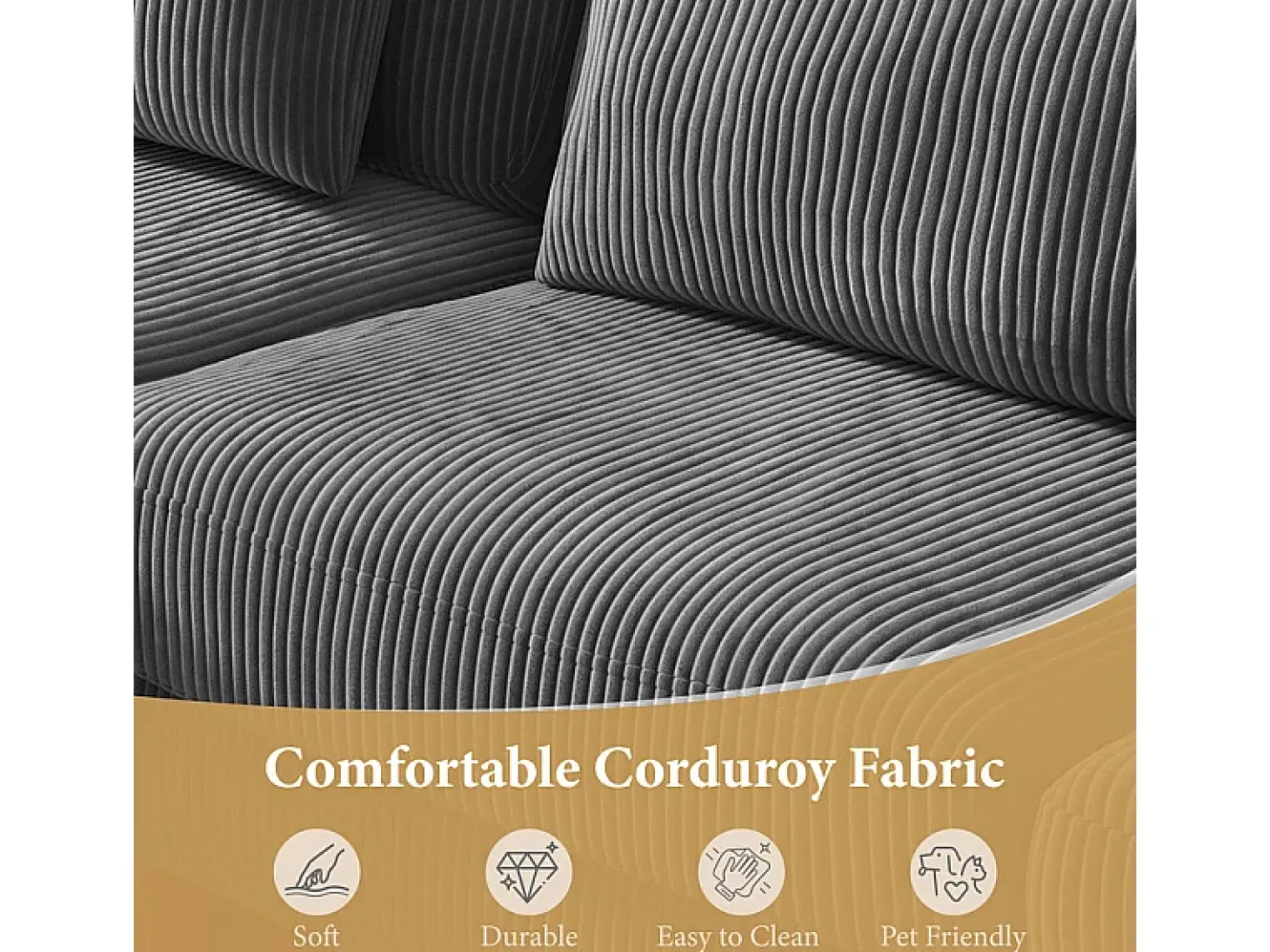 Canapé de canto reversível em veludo cotelê - 2 lugares + méridienne - Cinza - 256 x 160 x 88 cm