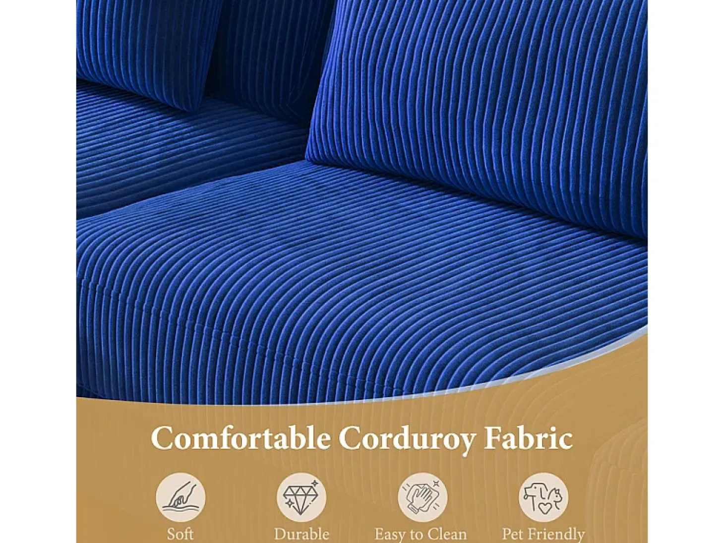 Canapé de canto reversível em veludo cotelê - 2 lugares + méridienne - Azul - 256 x 160 x 88 cm