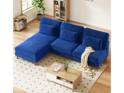Canapé de canto reversível em veludo cotelê - 2 lugares + méridienne - Azul - 256 x 160 x 88 cm