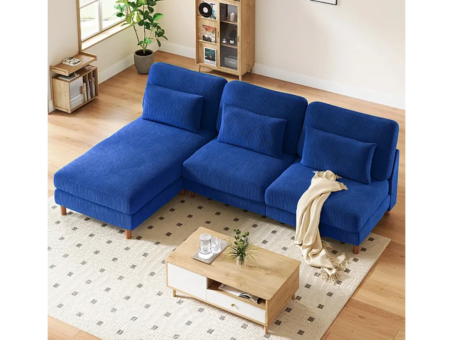Canapé de canto reversível em veludo cotelê - 2 lugares + méridienne - Azul - 256 x 160 x 88 cm