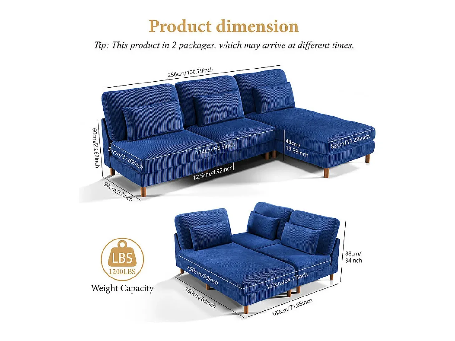 Canapé de canto reversível em veludo cotelê - 2 lugares + méridienne - Azul - 256 x 160 x 88 cm