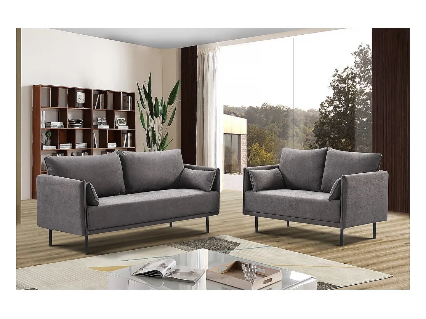 Canapé fixe tissu "Rudy" - 132 x 78 x 88 cm - 2 lugares - Gris foncé
