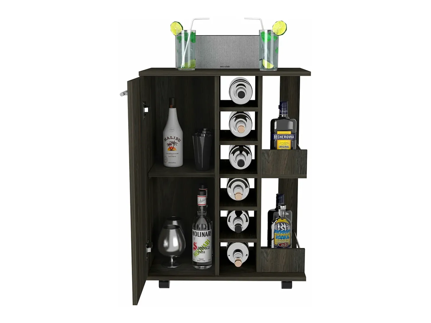 Carrinho de bar com prateleira para vinhos e rodas, 82.09 cm X 59.99 cm X 37.49 cm , Carvão vegetal
