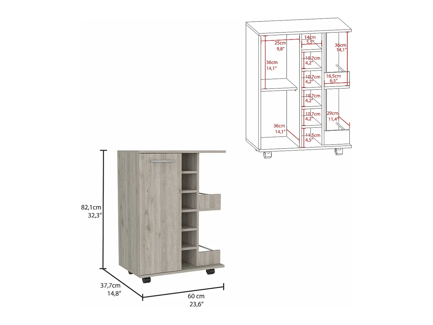 Carrinho de bar com suporte para garrafas e rodas , 82.09 cm X 59.99 cm X 37.49 cm , Cinder
