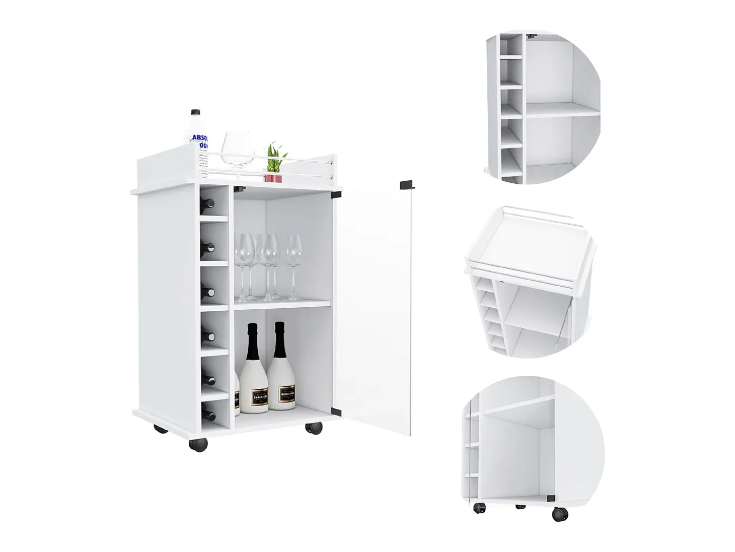 Carrinho de bar Dukat em melamina com 6 prateleiras para garrafas, 3 prateleiras e 4 rodas, branco, 89 cm X 55 cm X 41.5 cm