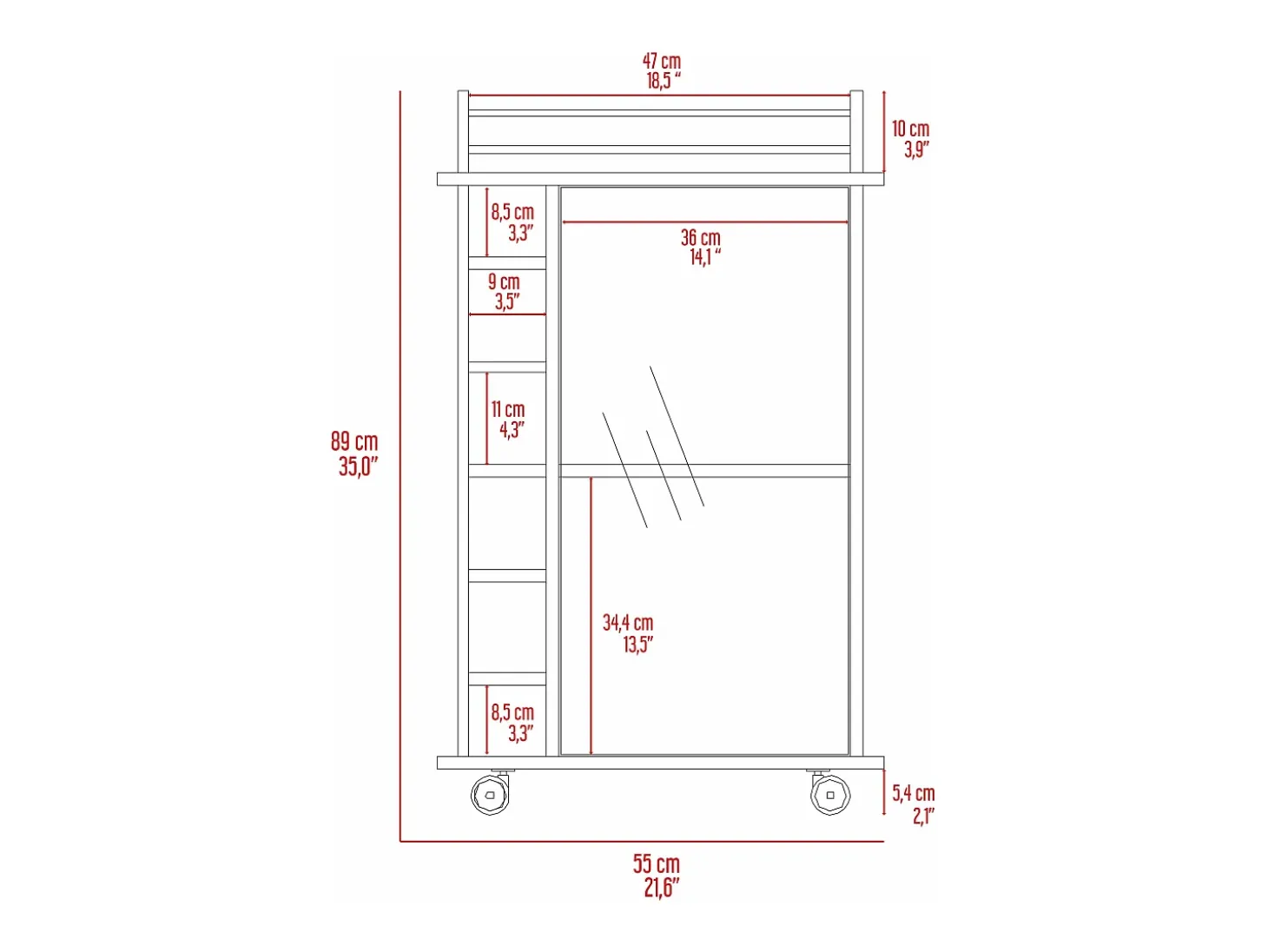 Carrinho de bar Dukat em melamina com 6 prateleiras para garrafas, 3 prateleiras e 4 rodas, branco, 89 cm X 55 cm X 41.5 cm