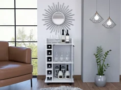 Carrinho de bar Dukat em melamina com 6 prateleiras para garrafas, 3 prateleiras e 4 rodas, branco, 89 cm X 55 cm X 41.5 cm