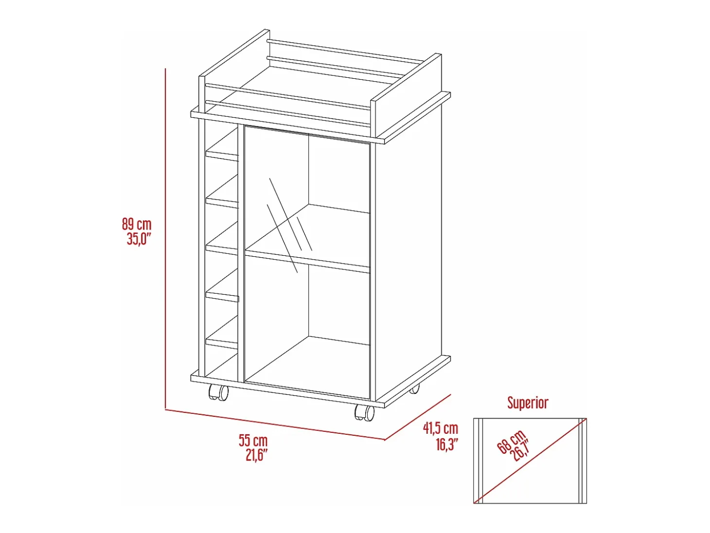 Carrinho de bar Dukat em melamina com 6 prateleiras para garrafas, 3 prateleiras e 4 rodas, branco, 89 cm X 55 cm X 41.5 cm