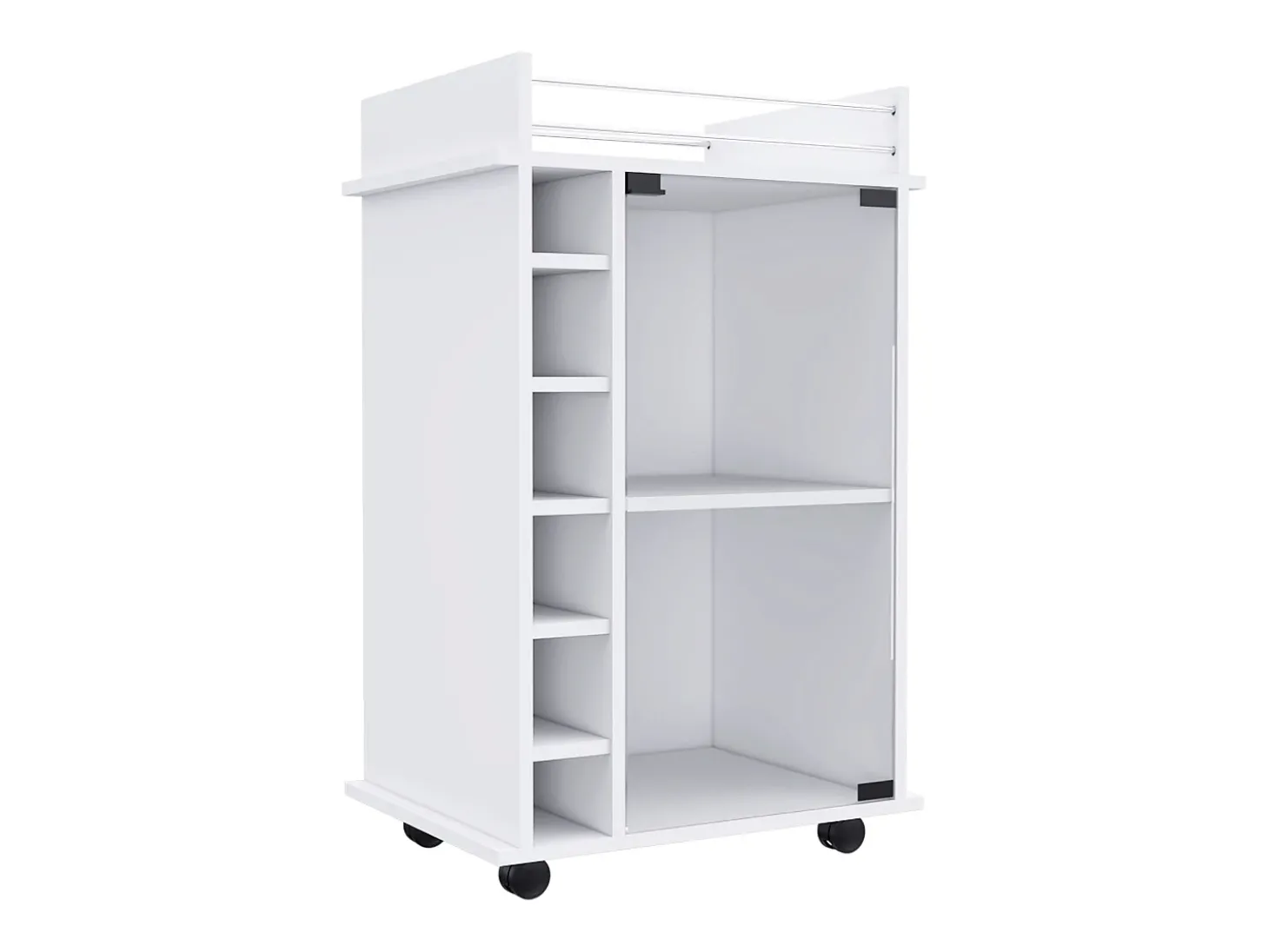 Carrinho de bar Dukat em melamina com 6 prateleiras para garrafas, 3 prateleiras e 4 rodas, branco, 89 cm X 55 cm X 41.5 cm