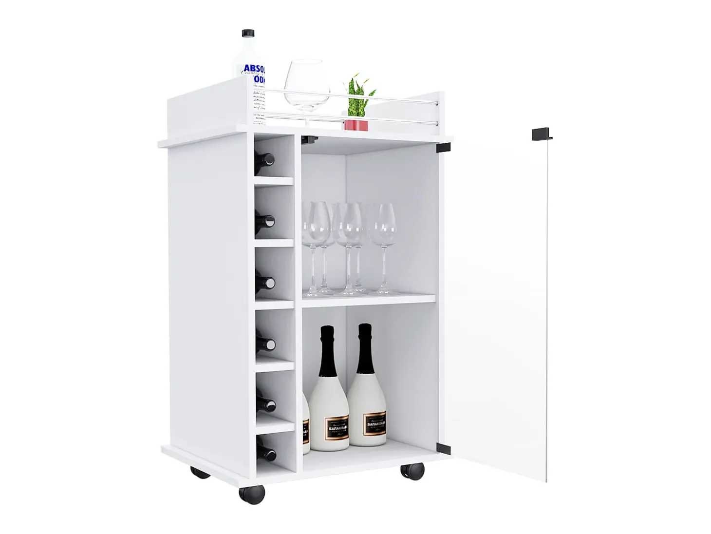 Carrinho de bar Dukat em melamina com 6 prateleiras para garrafas, 3 prateleiras e 4 rodas, branco, 89 cm X 55 cm X 41.5 cm