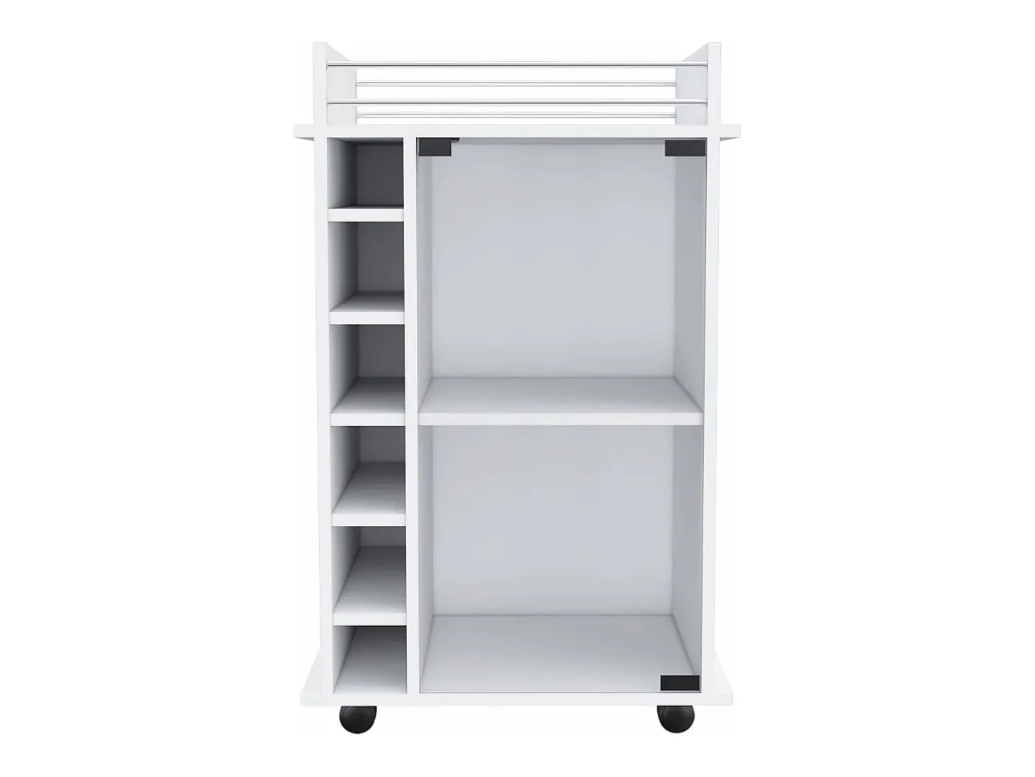 Carrinho de bar Dukat em melamina com 6 prateleiras para garrafas, 3 prateleiras e 4 rodas, branco, 89 cm X 55 cm X 41.5 cm