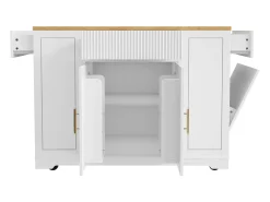 Carrinho de cozinha branco com 2 portas, 3 gavetas e compartimento para o lixo, puxadores em metal, tampo com textura de madeira