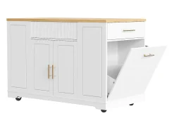 Carrinho de cozinha branco com 2 portas, 3 gavetas e compartimento para o lixo, puxadores em metal, tampo com textura de madeira