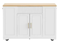 Carrinho de cozinha branco com 2 portas, 3 gavetas e compartimento para o lixo, puxadores em metal, tampo com textura de madeira