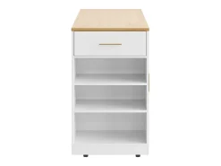 Carrinho de cozinha branco com 2 portas, 3 gavetas e compartimento para o lixo, puxadores em metal, tampo com textura de madeira