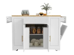 Carrinho de cozinha branco com 2 portas, 3 gavetas e compartimento para o lixo, puxadores em metal, tampo com textura de madeira