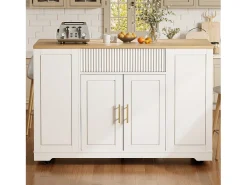 Carrinho de cozinha branco com 2 portas, 3 gavetas e compartimento para o lixo, puxadores em metal, tampo com textura de madeira