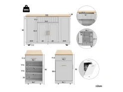 Carrinho de cozinha branco com 2 portas, 3 gavetas e compartimento para o lixo, puxadores em metal, tampo com textura de madeira