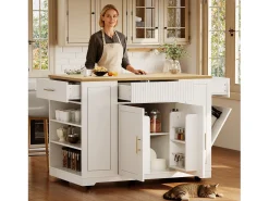 Carrinho de cozinha branco com 2 portas, 3 gavetas e compartimento para o lixo, puxadores em metal, tampo com textura de madeira