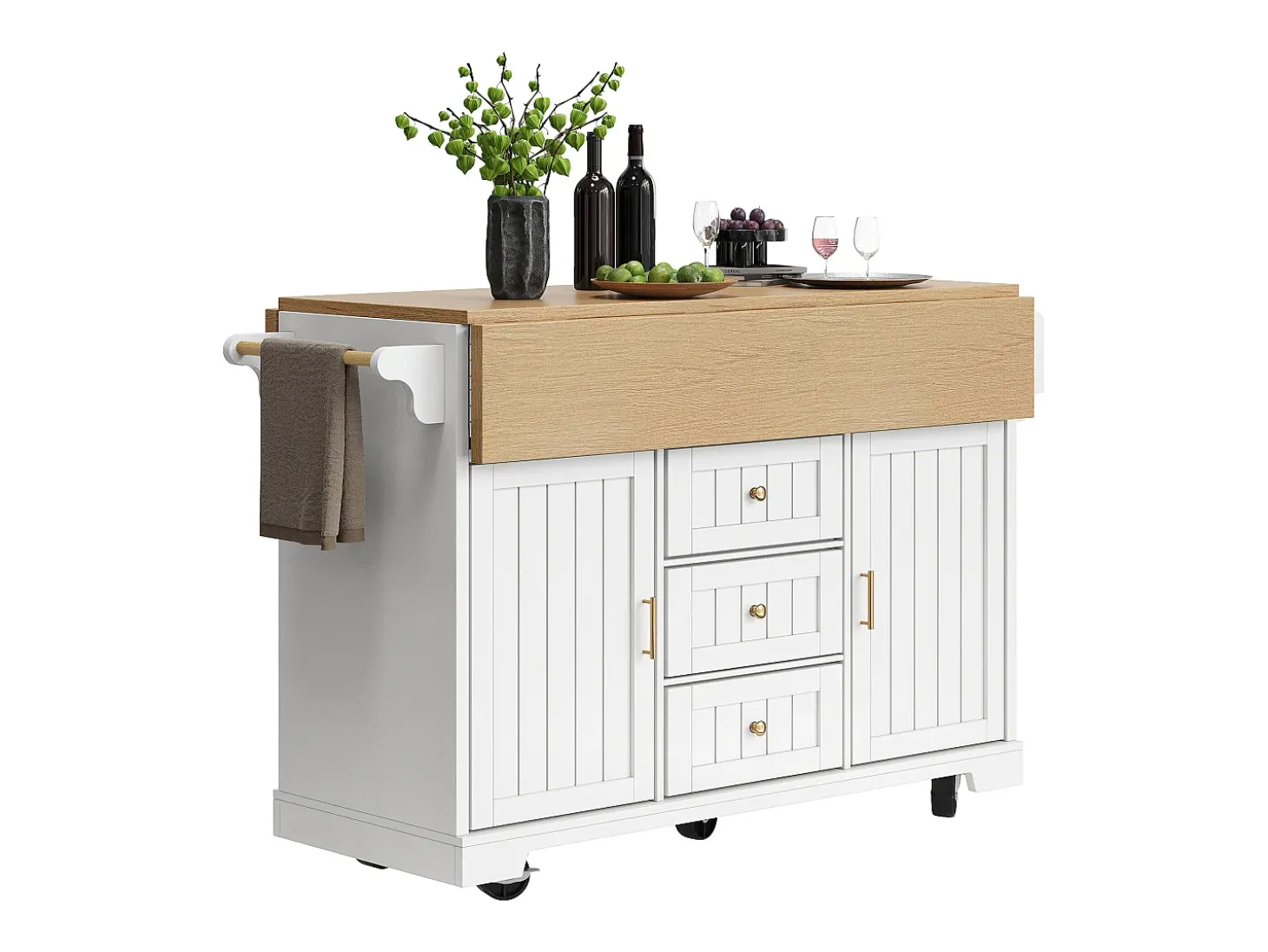 Carrinho de cozinha branco com 2 portas, 3 gavetas e toalheiro, porta-tempero, tabuleiro extensível