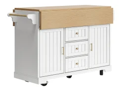 Carrinho de cozinha branco com 2 portas, 3 gavetas e toalheiro, porta-tempero, tabuleiro extensível