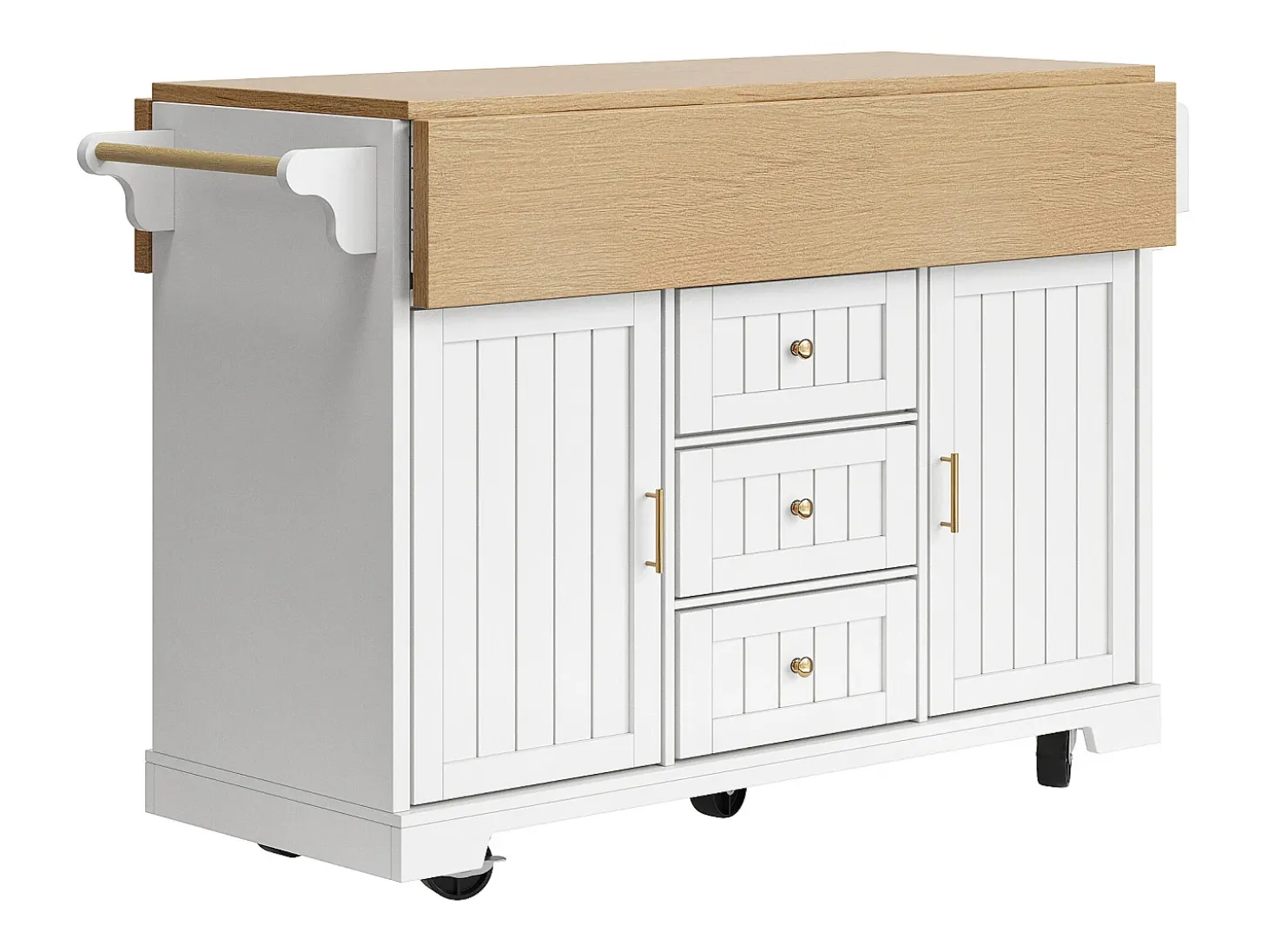 Carrinho de cozinha branco com 2 portas, 3 gavetas e toalheiro, porta-tempero, tabuleiro extensível