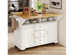 Carrinho de cozinha branco com 2 portas, 3 gavetas e toalheiro, porta-tempero, tabuleiro extensível
