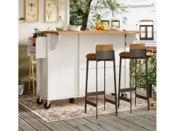 Carrinho de cozinha com 3 portas, 1 gaveta, suporte para toalhas e suporte para temperos, design de mesa rebatível, cores branco e natural