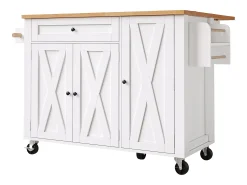 Carrinho de cozinha com 3 portas, 1 gaveta, suporte para toalhas e suporte para temperos, design de mesa rebatível, cores branco e natural