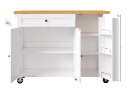 Carrinho de cozinha com 3 portas, 1 gaveta, suporte para toalhas e suporte para temperos, design de mesa rebatível, cores branco e natural