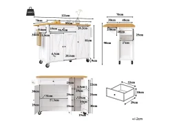 Carrinho de cozinha com 3 portas, 1 gaveta, suporte para toalhas e suporte para temperos, design de mesa rebatível, cores branco e natural